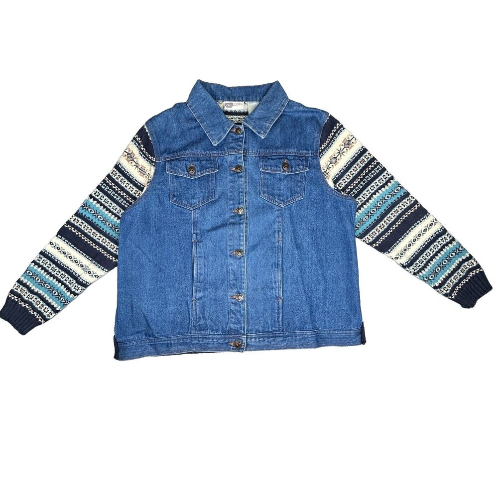 VINTAGE Faded Glory Y2K Denim Jacket Knit Fair Isle Knit Boho Womens Sz L